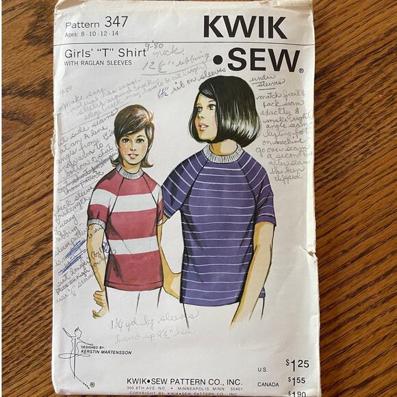 UNCUT Vintage 1970s Kwik Sew 347 Sewing Pattern Girl Up To Women XS/S Raglan Top - Picture 1 of 2